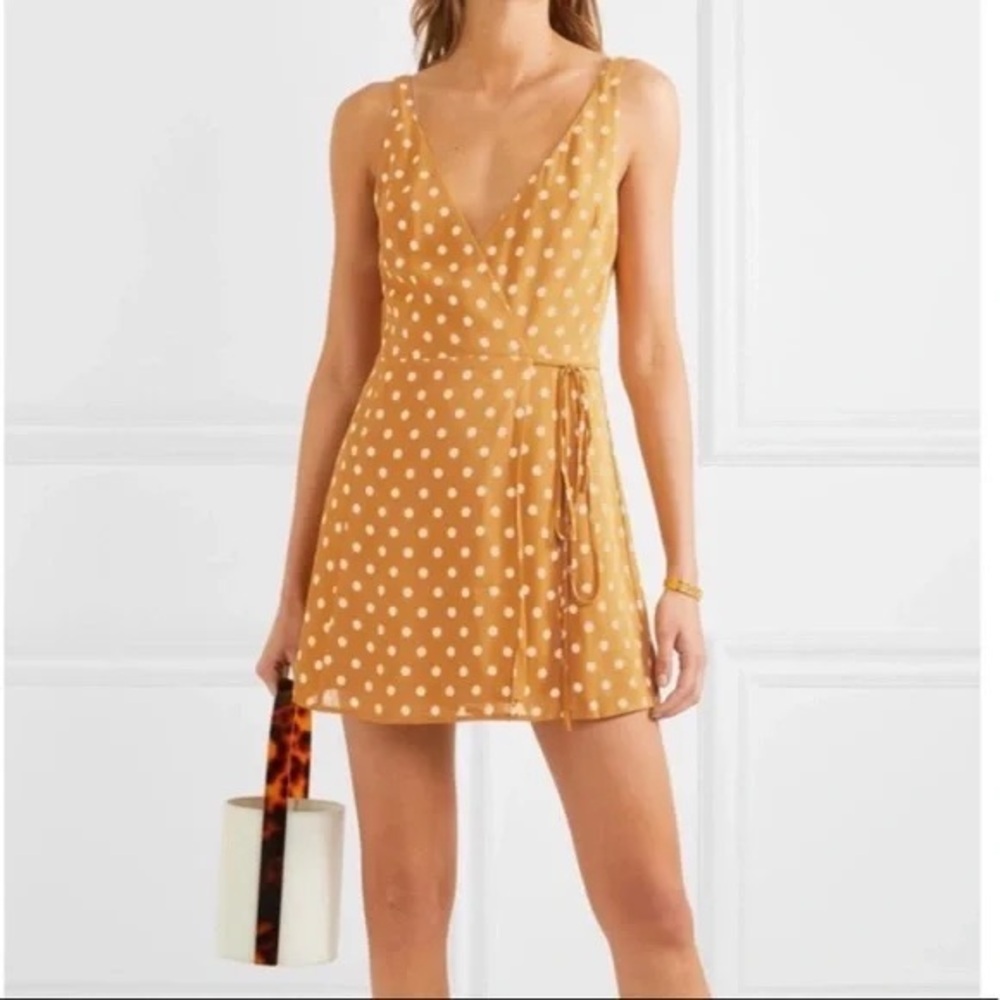 Reformation Mustard Yellow Polka Dot Mini Dress